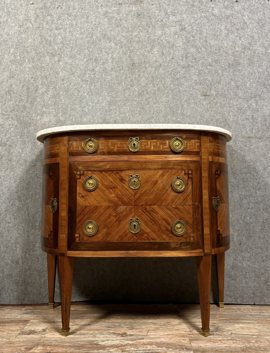 Louis XVI Style Half Moon Shaped Chest Of Drawers In Precious Wood Marquetry 