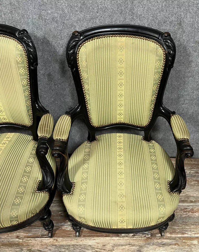 Pair Of Napoleon III Period Armchairs In Black Lacquered Wood Circa 1850-photo-3