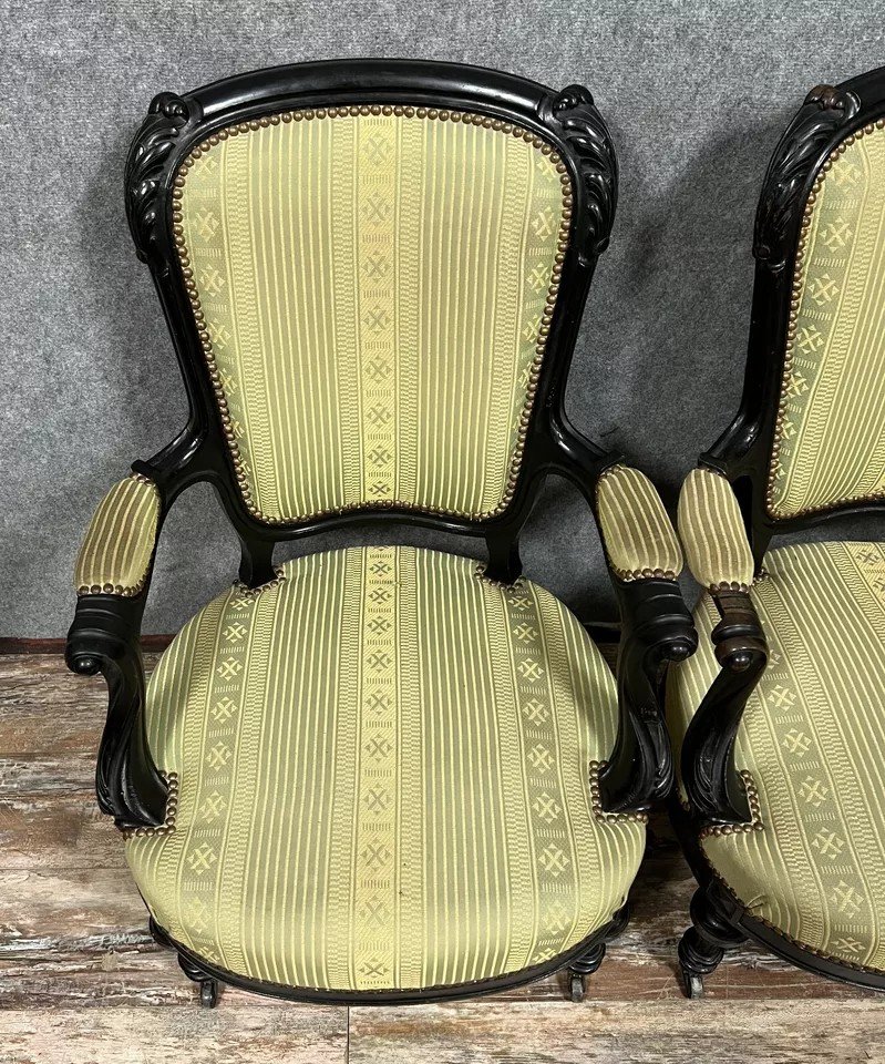 Pair Of Napoleon III Period Armchairs In Black Lacquered Wood Circa 1850-photo-4