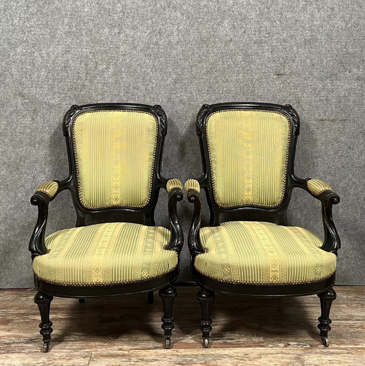 Pair Of Napoleon III Period Armchairs In Black Lacquered Wood Circa 1850