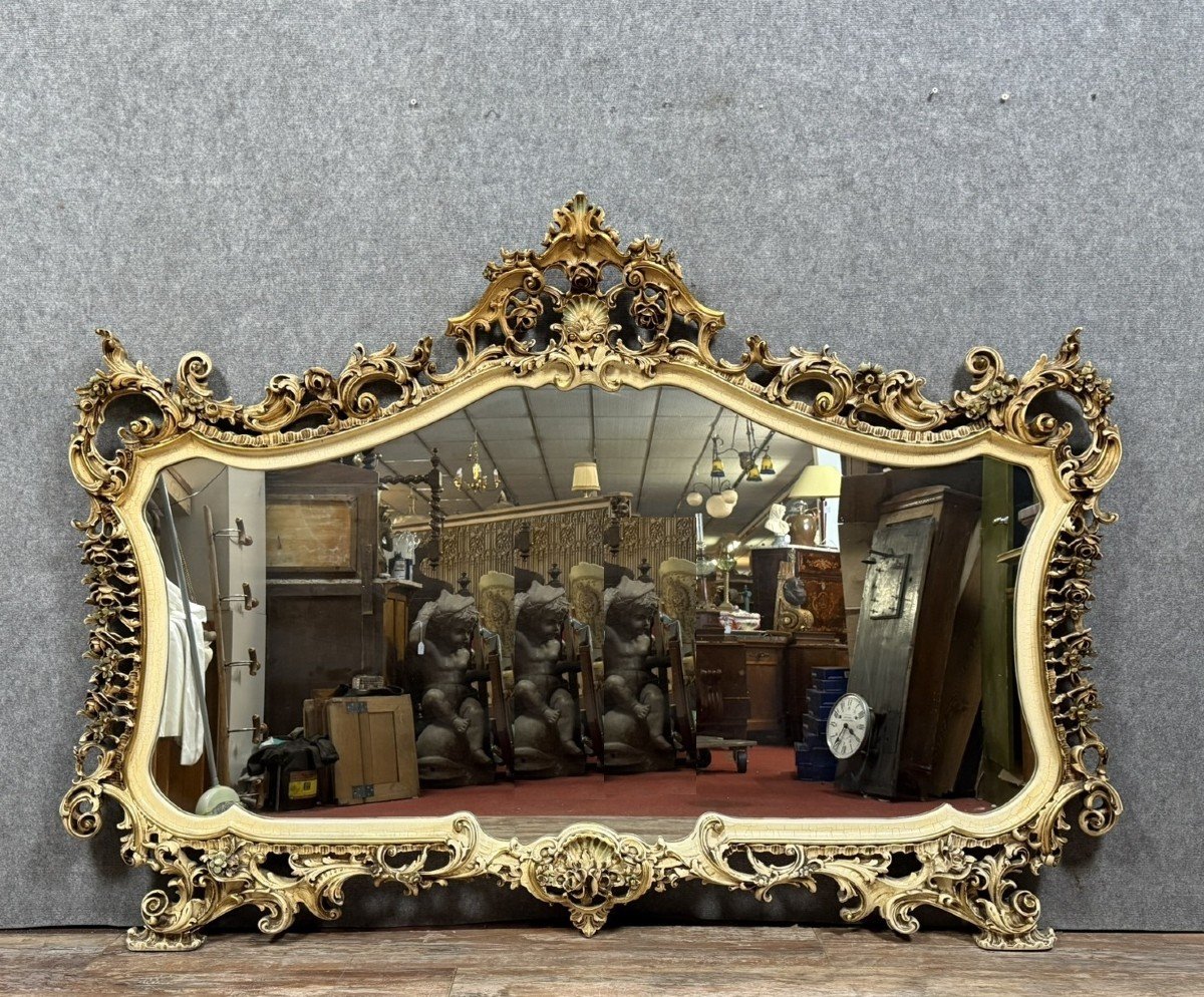 Louis XV Baroque Venetian Mirror In Lacquered Wood And Polychromy 