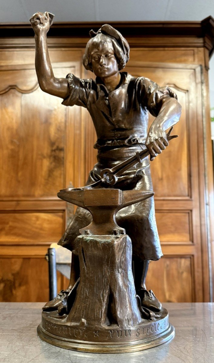 Adrien Gaudez (1845-1902) Le Ferronnier Au XVIème Siècle / Sculpture En Bronze  -photo-1