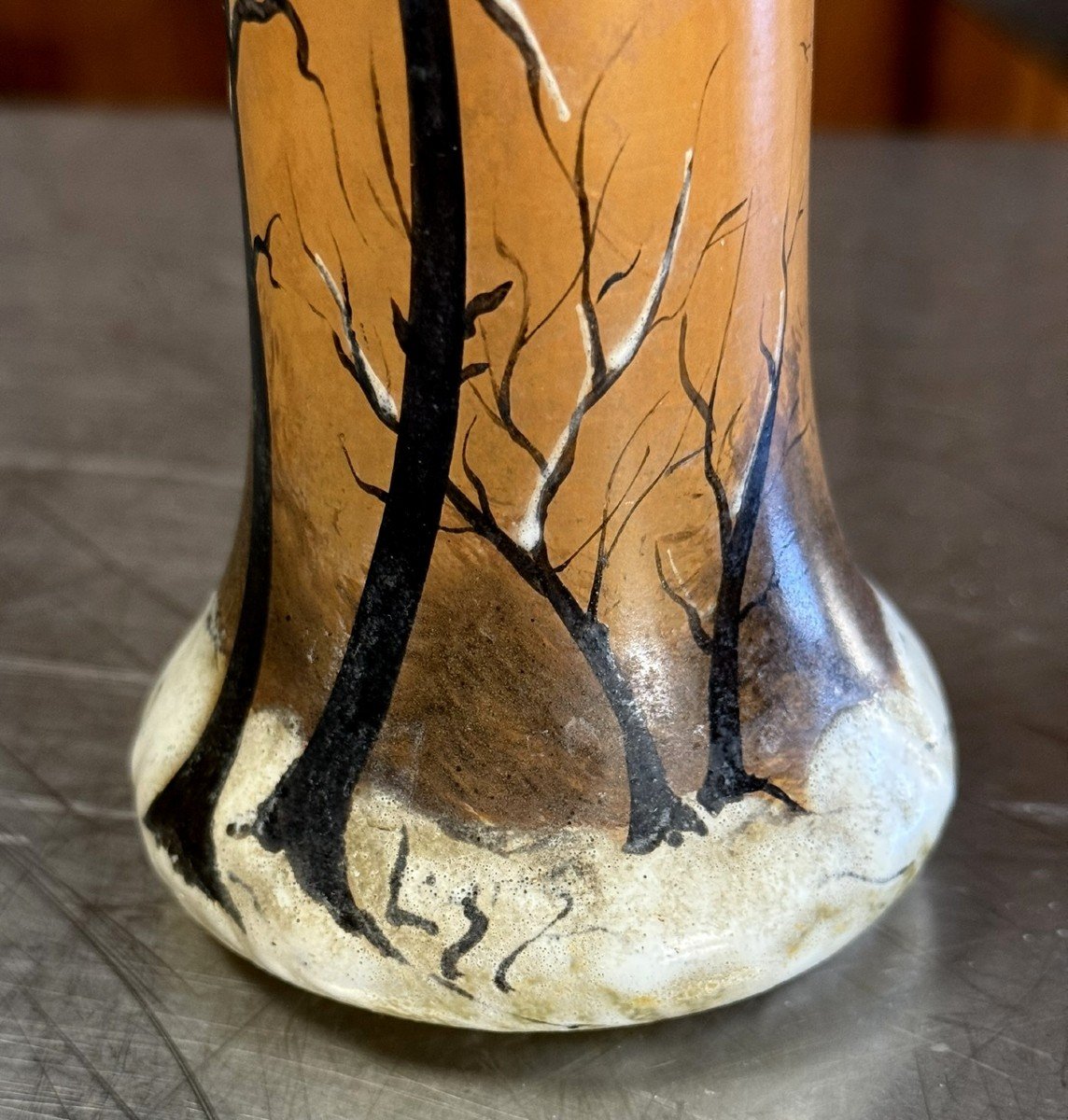 d'Aprés Legras : Vase En Verre émaillé à Décor d'Un Paysage Hivernal-photo-4