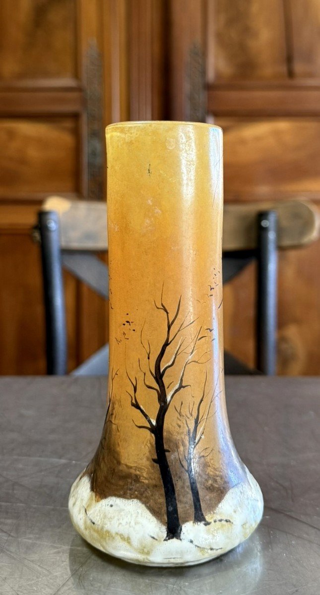 d'Aprés Legras : Vase En Verre émaillé à Décor d'Un Paysage Hivernal-photo-5