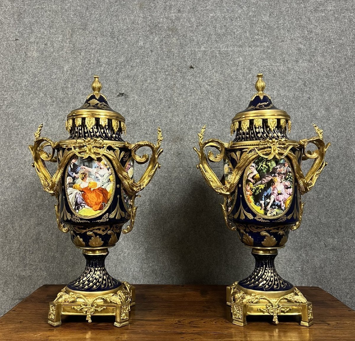 Monumental Pair Of Blue Sèvres Porcelain Vases With Gilt Bronze Mounts 