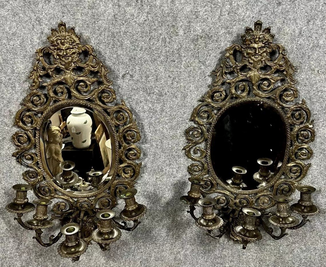 Importante Paire De Miroirs A Appliques De Style Renaissance En Bronze -photo-5