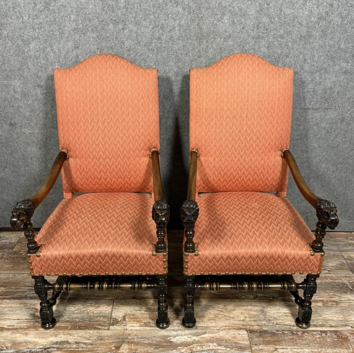 Important Pair Of Louis XIII Style Armchairs In Carved Walnut -photo-1