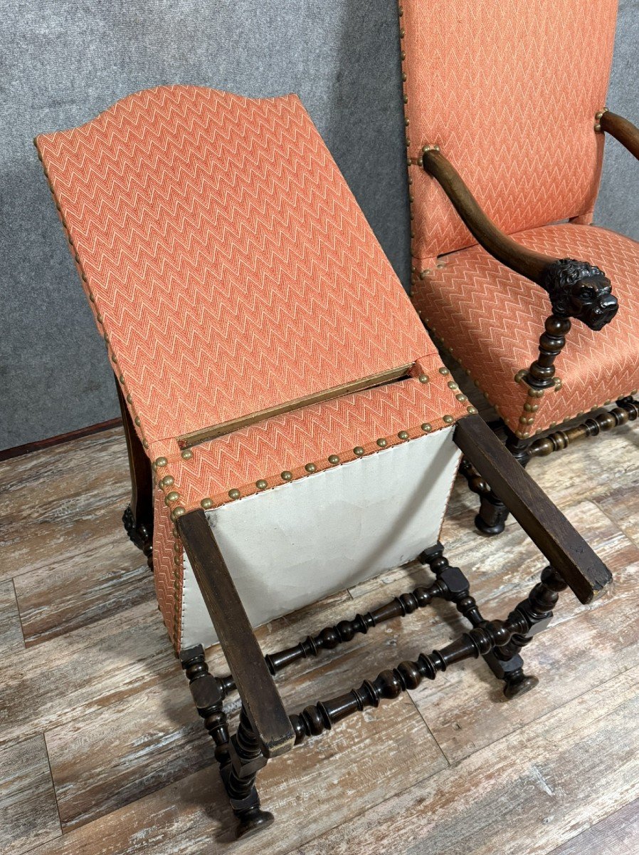 Important Pair Of Louis XIII Style Armchairs In Carved Walnut -photo-6