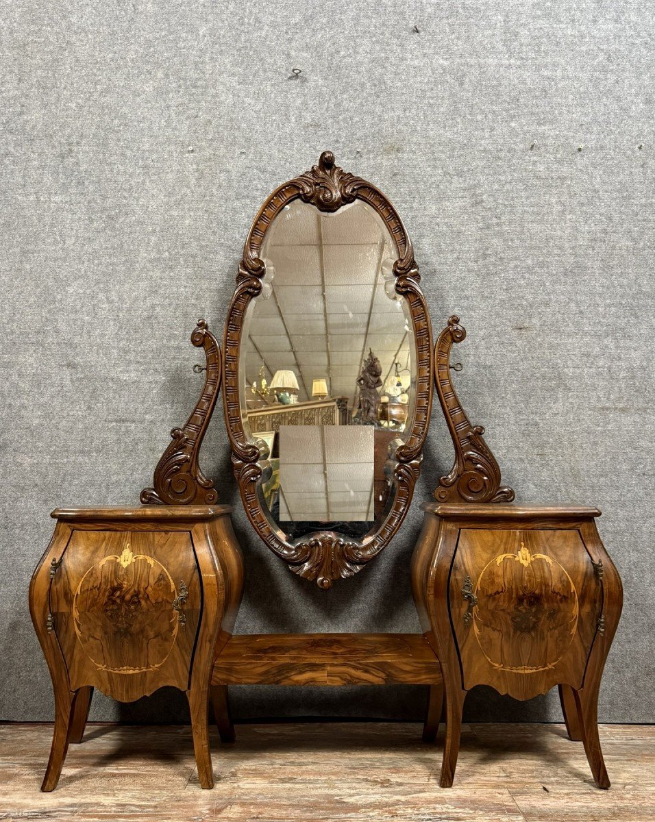 Coiffeuse A Miroir Psyché Style Louis XV En Marquéterie 