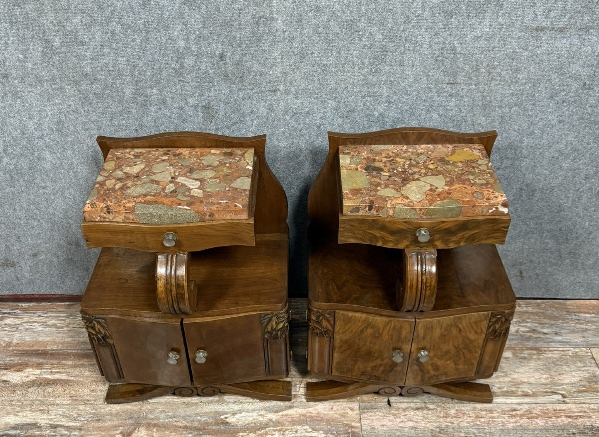 Pair Of Art Deco Period Mahogany Bedside Tables With Spacers -photo-1