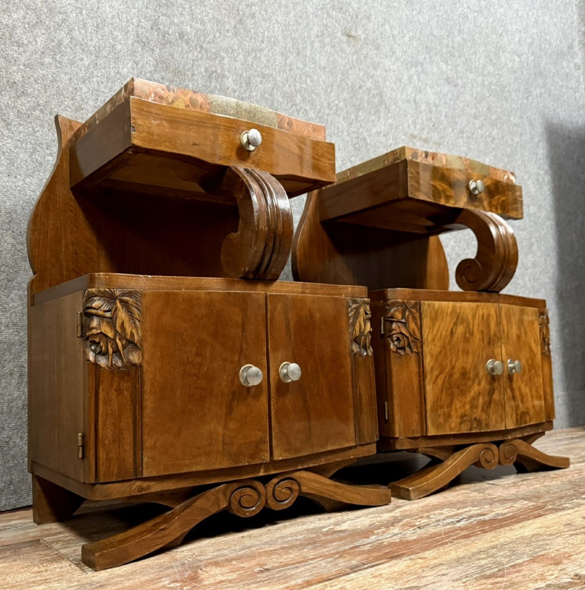 Pair Of Art Deco Period Mahogany Bedside Tables With Spacers -photo-2