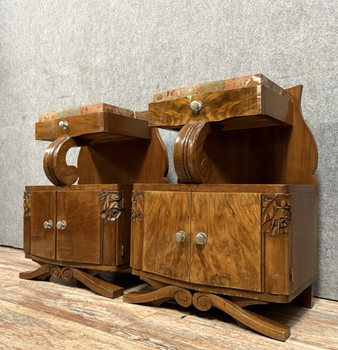 Pair Of Art Deco Period Mahogany Bedside Tables With Spacers -photo-3