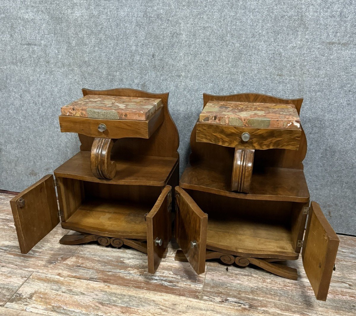 Pair Of Art Deco Period Mahogany Bedside Tables With Spacers -photo-4