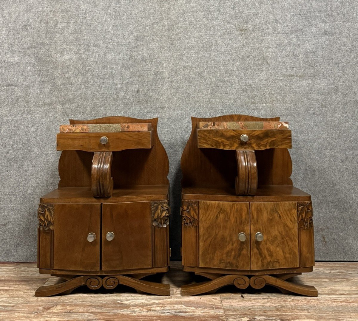 Pair Of Art Deco Period Mahogany Bedside Tables With Spacers 