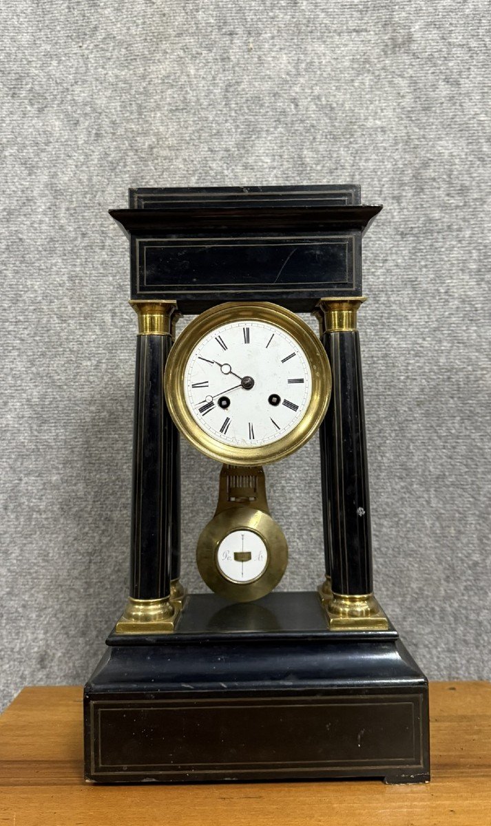 Empire Style Portico Clock In Blackened Wood And Gilded Bronze 