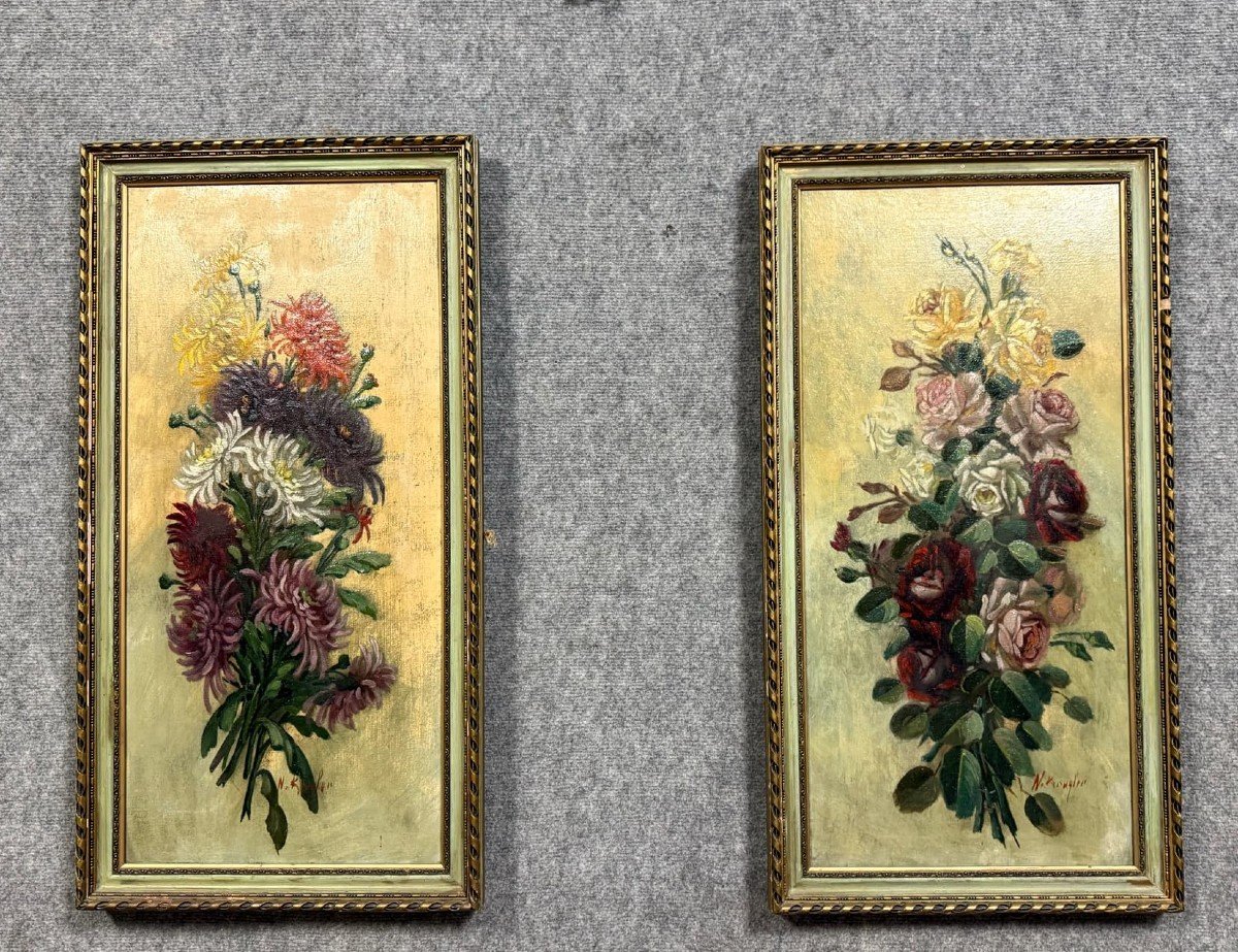 Krugler: Pair Of Oils On Canvas / Still Lifes With Flowers 