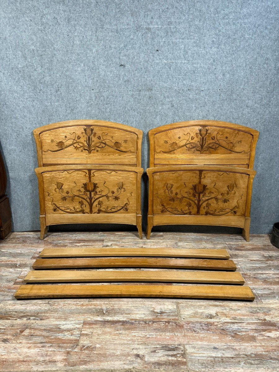 Nancy School: Pair Of Art Nouveau Period Marquetry Beds -photo-1