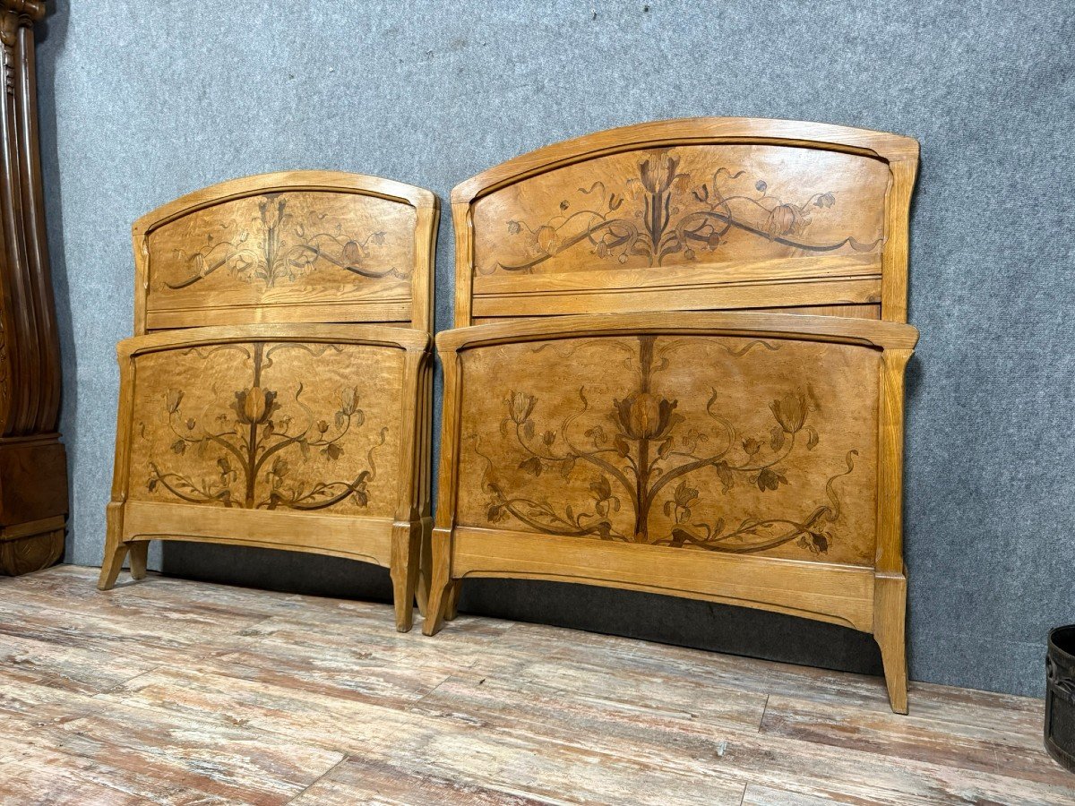 Nancy School: Pair Of Art Nouveau Period Marquetry Beds -photo-2