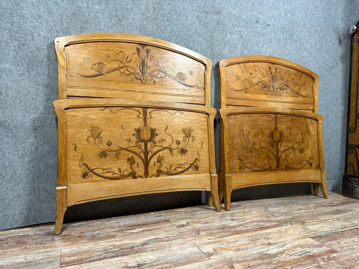 Nancy School: Pair Of Art Nouveau Period Marquetry Beds -photo-3