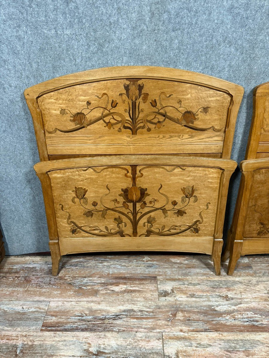 Nancy School: Pair Of Art Nouveau Period Marquetry Beds -photo-4