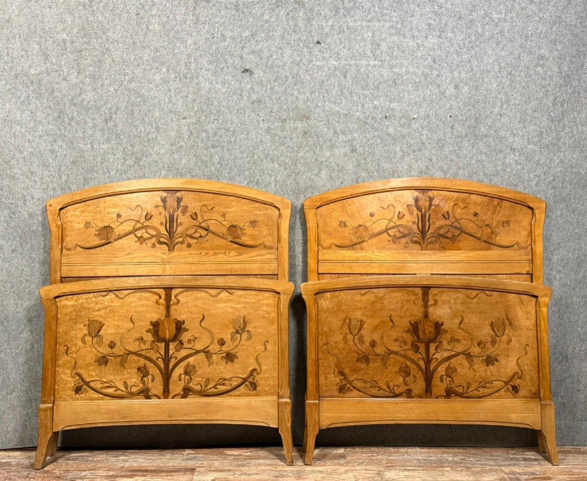 Nancy School: Pair Of Art Nouveau Period Marquetry Beds 