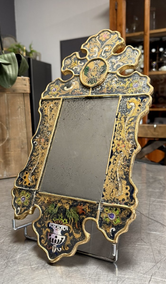 Eglomise Glass Mirror With Scrollwork And Floral Branch Decoration -photo-2