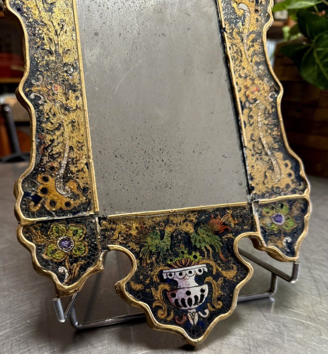 Eglomise Glass Mirror With Scrollwork And Floral Branch Decoration -photo-4