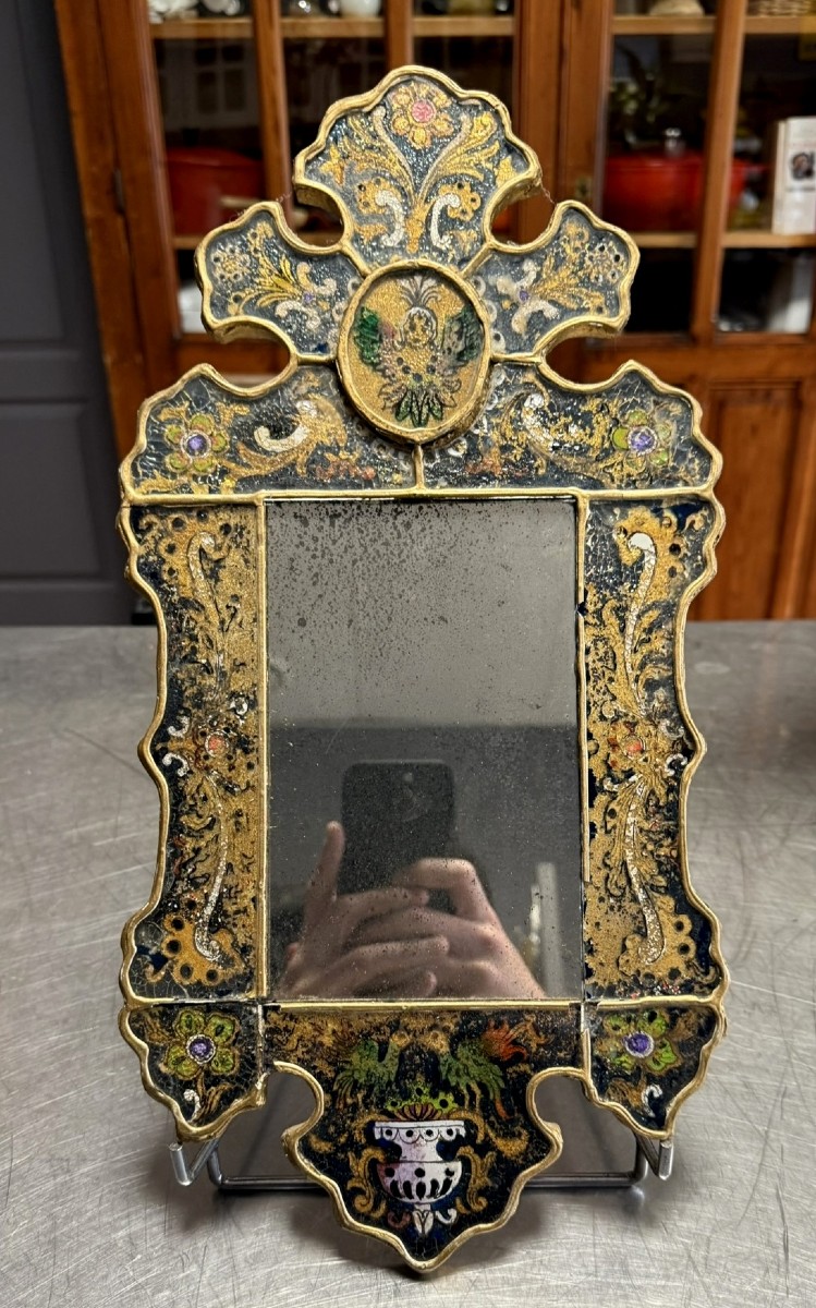 Eglomise Glass Mirror With Scrollwork And Floral Branch Decoration 