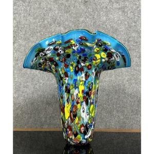 Venise Fin XXeme :  Vase En Verre Millefiori A Fond Bleu