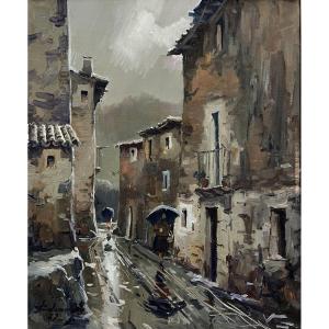 José Colomer: Large Oil On Canvas View Of A Street In Gerona In Spain Around 1960