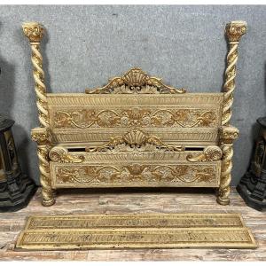 Monumental Half Canopy Bed From Renaissance Style Castle In Carved And Gilded Wood