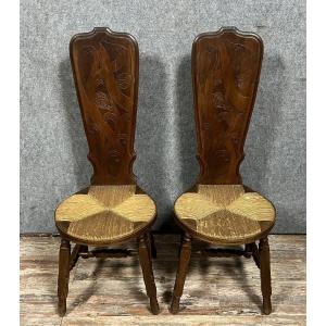 Gallé Emile (1846-1904) (attributed To) Pair Of Escabelles Type Chairs With High Backs