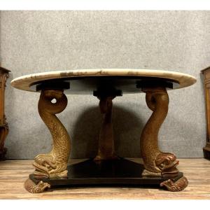 Monumental Empire Table With Stamped Dolphins Made In Gilded And Carved Wood