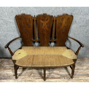Gallé Emile (1846-1904) (attributed To) Superb Escabelle Type Bench With High Back