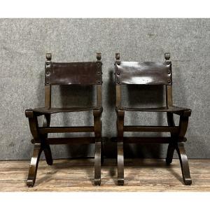 Pair Of Medieval Style Chairs In Solid Wood And Leather, 19th Century