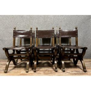 Series Of 6 Medieval Style Chairs In Solid Wood And Leather, 19th Century