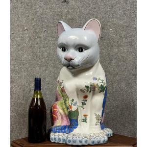 Asie : Importante Sculpture En Porcelaine Chinoise Figurant Un Chat (seconde Moitié XXeme)