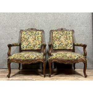 Pair Of Important Carved Provençal Armchairs In Louis XV Style In Walnut 