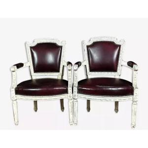 Pair Of Louis XVI Cabriolet Armchairs In Lacquered Wood And Leather 