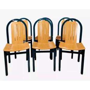 Series Of 6 Chairs From Baumann Brand Argos Model In Sycamore And Varnished Natural Wood