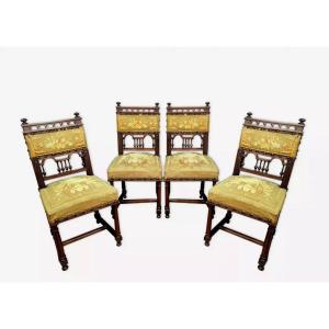 Series Of 4 Gothic Renaissance Walnut Chairs 