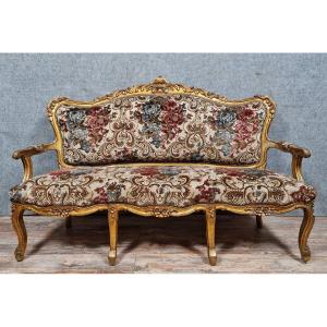 Important Louis XV Style Baroque Bench In Gilded And Carved Wood 