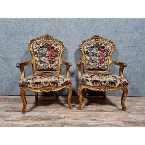 Pair Of Baroque Louis XV Style Armchairs In Gilded And Carved Wood 