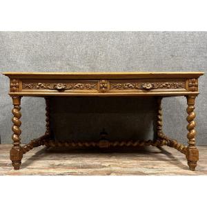 Large Flat Center Desk Renaissance Louis XIII Style In Carved Solid Oak 