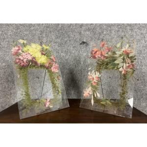 Pair Of Art Nouveau Photo Frames In Hand Painted Glass With Floral Decor  