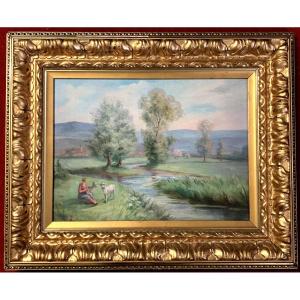 Paul Huntington Genteur 1888-1965: Large Oil On Canvas Depicting An Animated Lake Landscape 