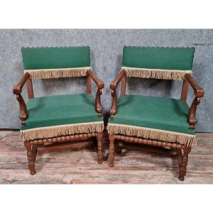 Pair Of Louis XIII Style Armchairs In Solid Oak 