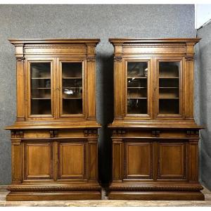 Rare Pair Of Renaissance Style Woodwork Bookcases In Walnut 