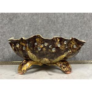 Important Enameled Terracotta Fruit Bowl Decorated With Flowers And Leaves Signed Rohé  