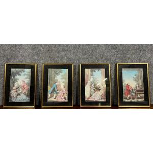 4 Color Engravings Under Glass Representing Scenes From The 18th Century 